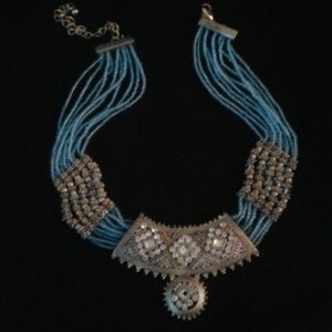 Vintage Egyptian Revival aqua & silver beaded necklace statement piece